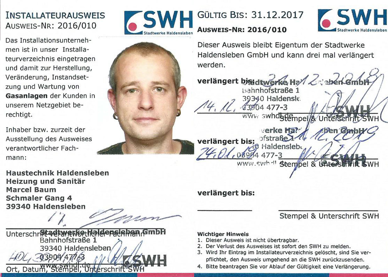 Installateurausweis Gas